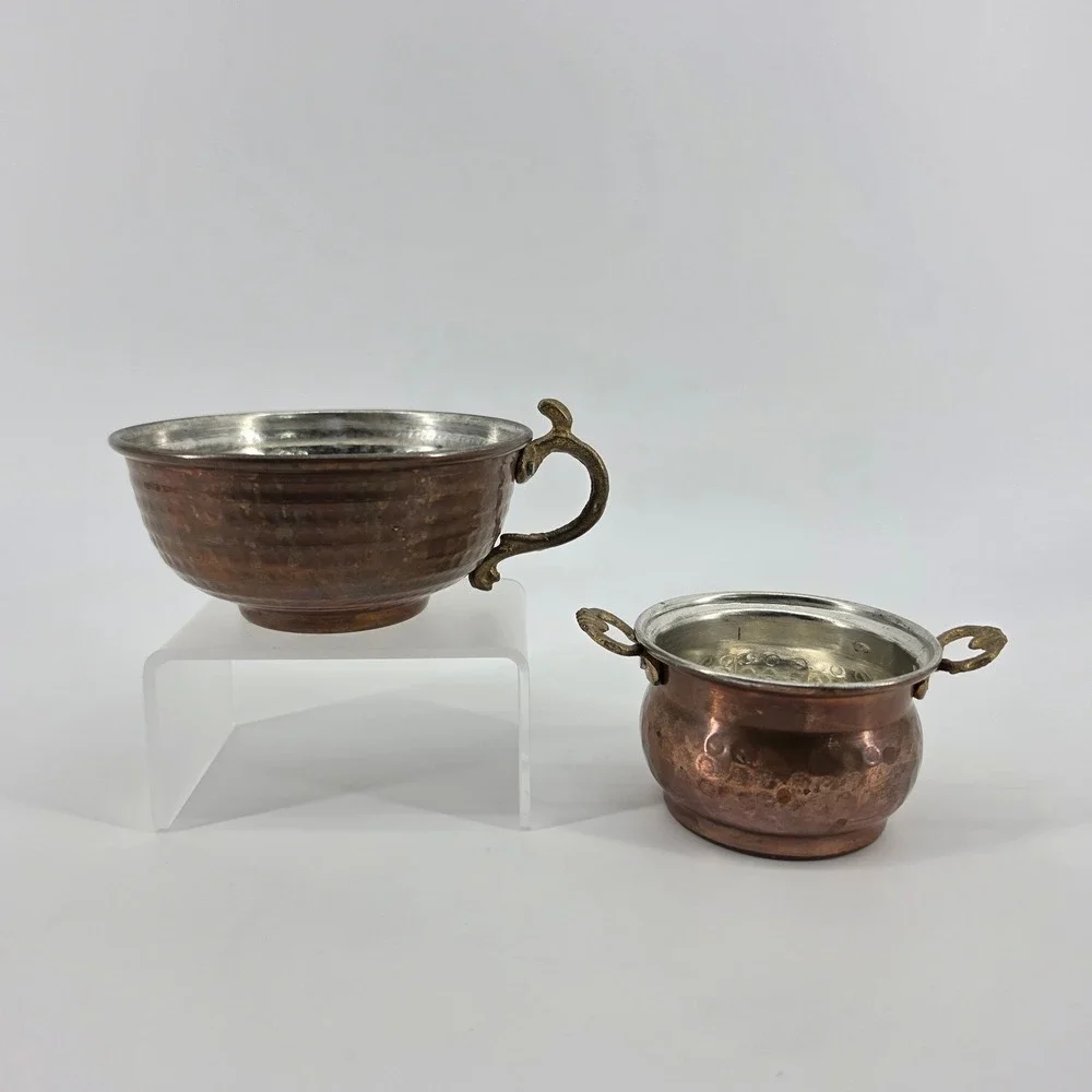Karaca Turkish Hammered Copper Bowls Set of 2 Tinned Interior Brass Handles